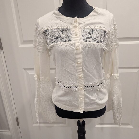 BOSTON PROPER new off-white pearl and lace embellished cardigan XS - Picture 1 of 7